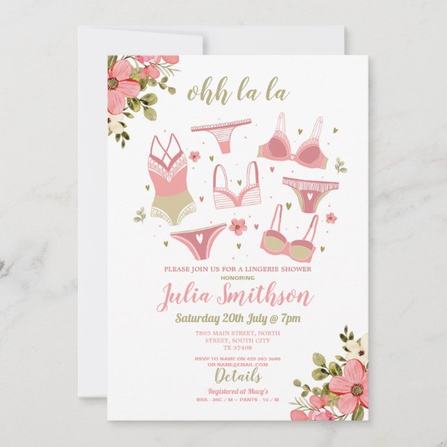 Lingerie Shower Bridal Party Floral Feminine Pink Invitation (Front)