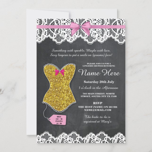 Lingerie Shower Bridal Party Gold Pink Lace Invite (Front)