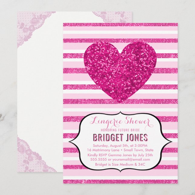 Lingerie Shower Bridal Party Pink Glitter Heart Invitation (Front/Back)