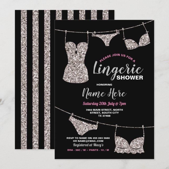 Lingerie Shower Bridal Party Silver Glitter Pink Invitation (Front/Back)