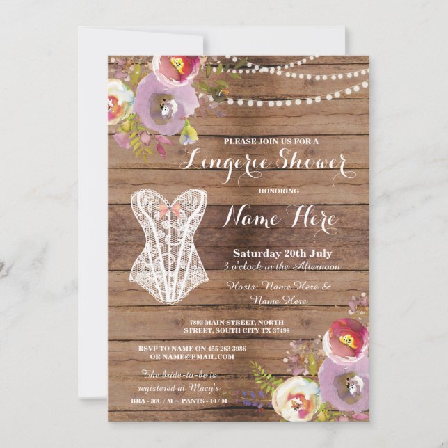 Lingerie Shower Bridal Party Wood Floral Invite (Front)
