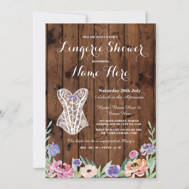 Lingerie Shower Bridal Party Wood Floral Invite (Front)