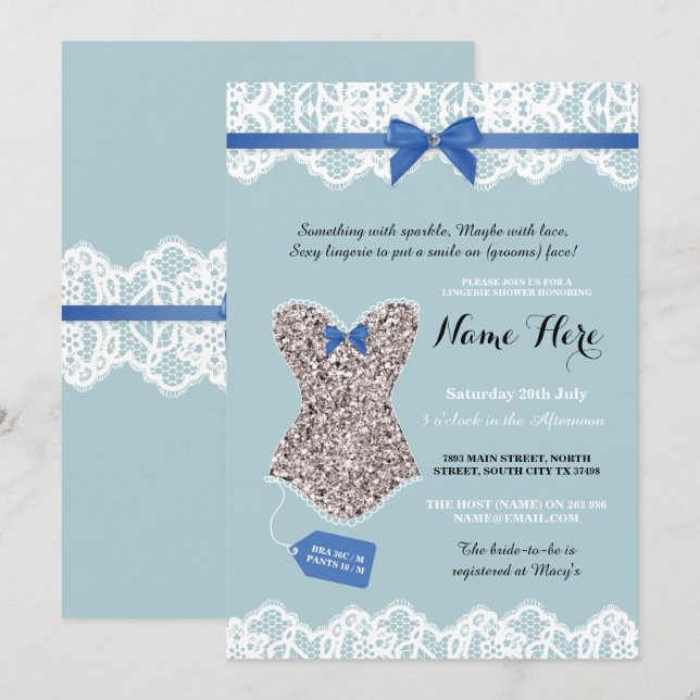 Lingerie Shower Bridal Silver Blue Glitter Invite (Front/Back)