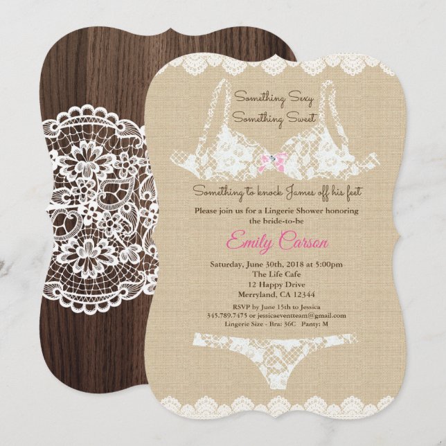 Lingerie shower burlap lace invitation rustic wood (Front/Back)