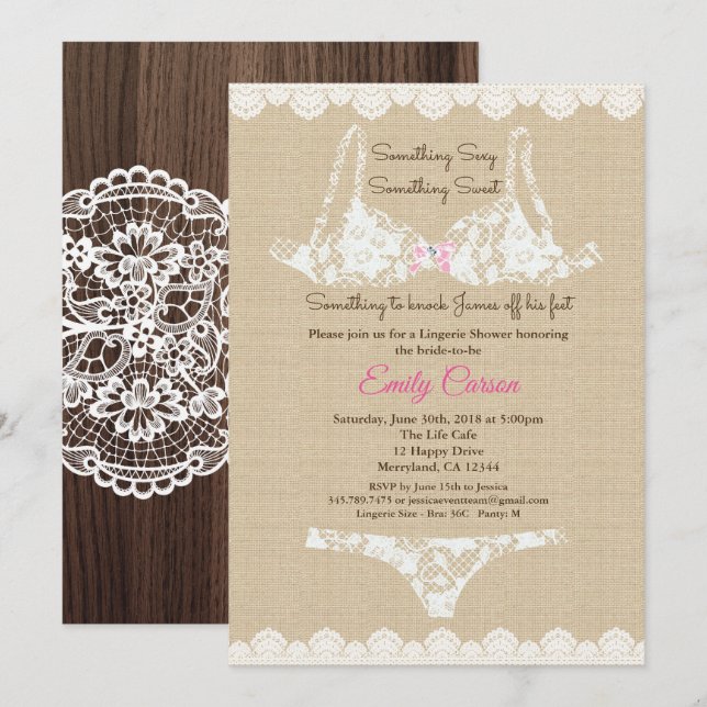 Lingerie shower burlap lace invitation rustic wood (Front/Back)