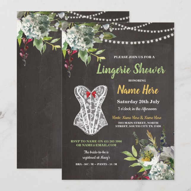 Lingerie Shower Chalk Corset Flowers Invite (Front/Back)