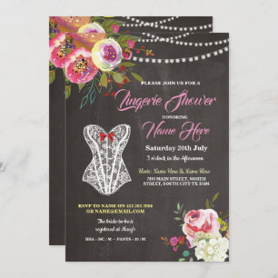 Lingerie Shower Chalk Corset Flowers Invite Pink