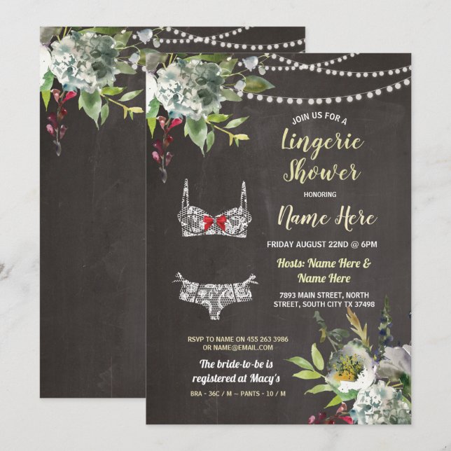 Lingerie Shower Floral Bridal Chalk Invite Pretty (Front/Back)