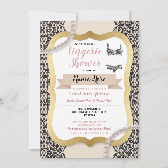 Lingerie Shower Gold Cream Lace Bra Pearl Invitation (Front)