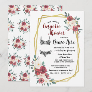 Lingerie Shower Gold Watercolor Red Cream Floral Invitation