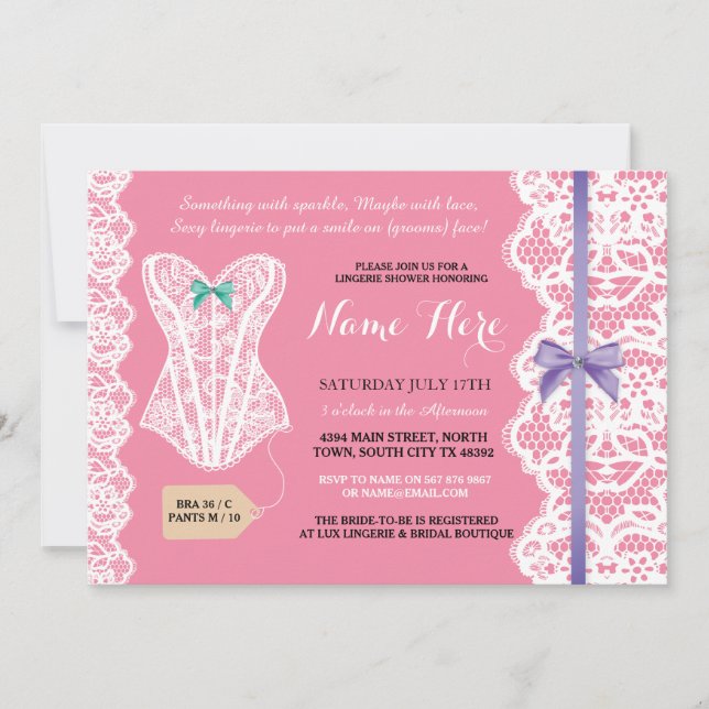 Lingerie Shower Invitation Pink Bridal Party Lace (Front)