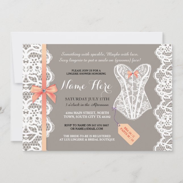 Lingerie Shower Invite Coral Bridal Party Lace (Front)