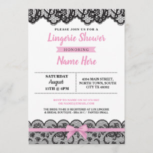 Lingerie Shower Pink Bow Invitation Black Lace