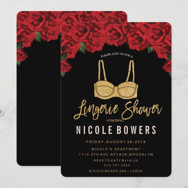 Lingerie Shower Red Roses Glitter Invitation (Front/Back)