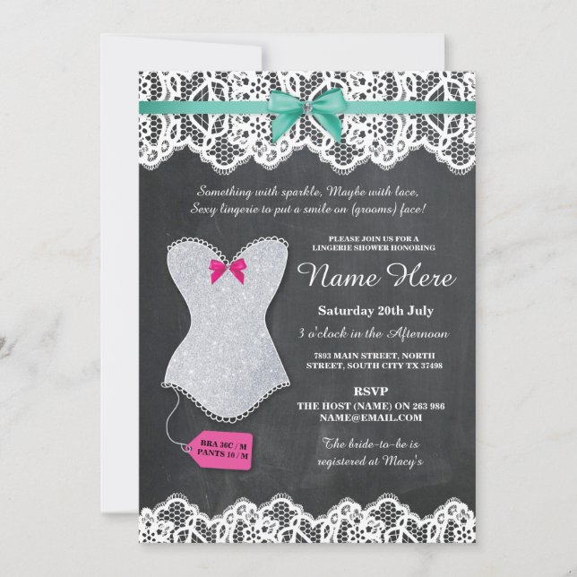 Lingerie Shower Silver Glitter Corset Mint Invite (Front)
