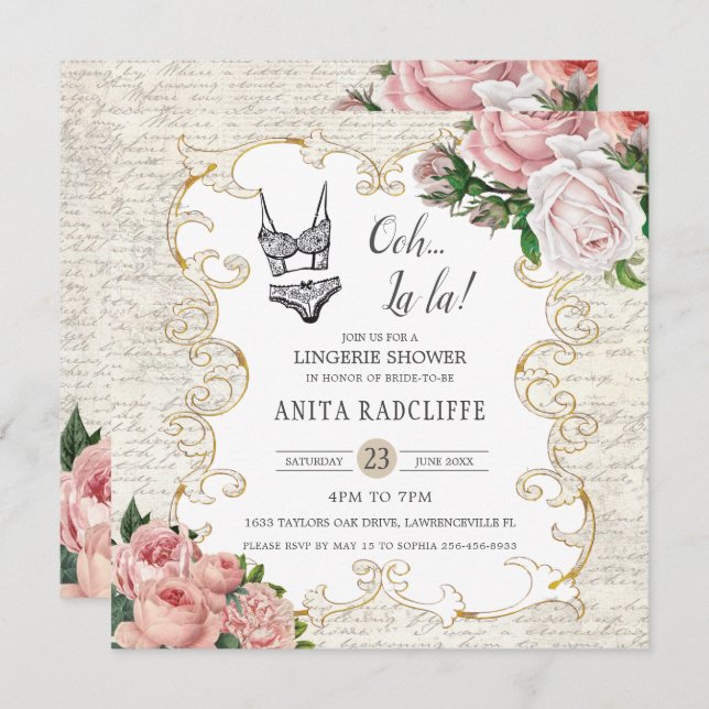 Lingerie Shower Vintage French Roses Antique Frame Invitation (Front/Back)