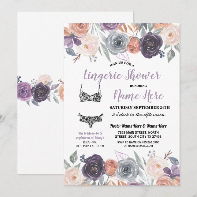 Lingerie Shower Watercolor Peach Purple Cream Invitation (Front/Back)