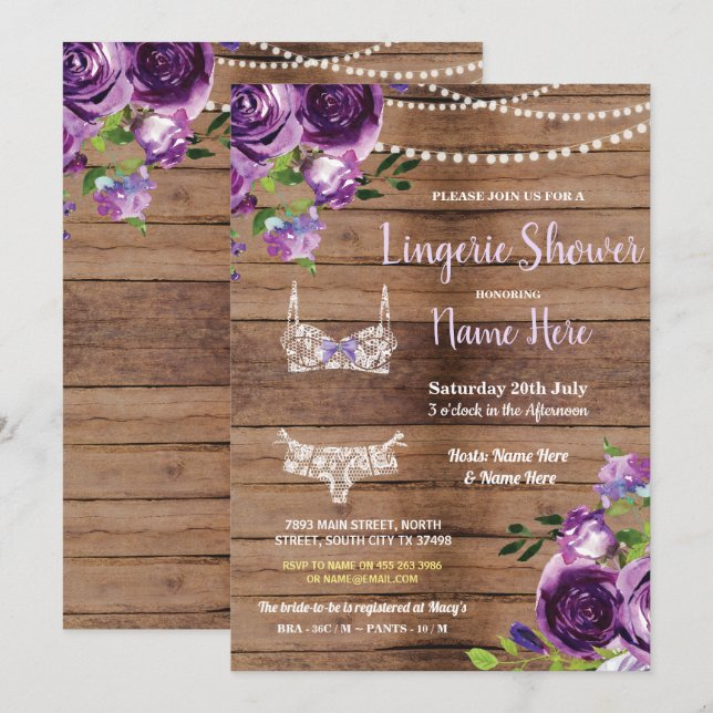 Lingerie Shower Wood Purple Flowers Invitation (Front/Back)
