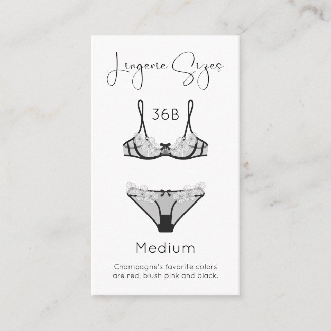 Lingerie Sizes Modern Bridal Shower Enclosure Card (Front)