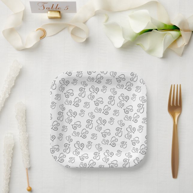 Linked Grey Heart Pattern Over White Napkins Paper Plate (Wedding)