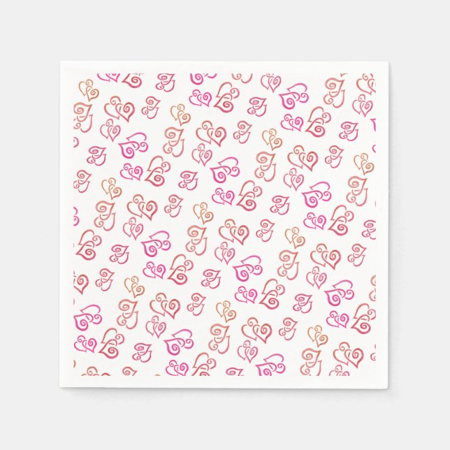 Linked Orange Pink Hearts Pattern Over White Party Napkin (Front)