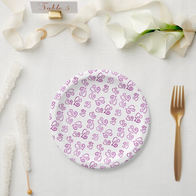 Linked Pink Hearts Pattern Over White Napkins Paper Plate (Wedding)