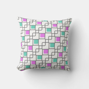 Linked squares pattern grey teal purple pillow