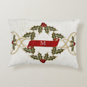 Links of Holly and Berries with Monogram Decorative Cushion