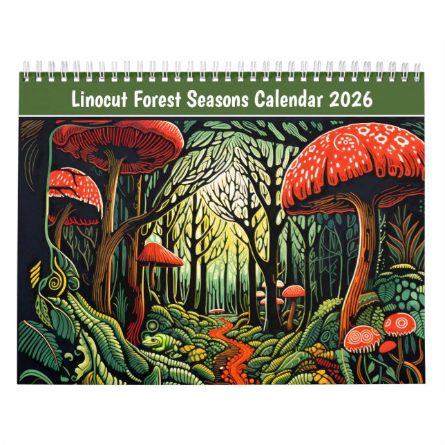 Linocut Forest Seasons Calendar 2026 (Cover)