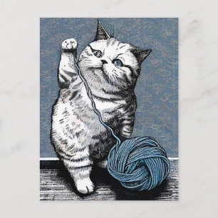 Linocut Kitten Playing with a Ball of Yarn Postcard