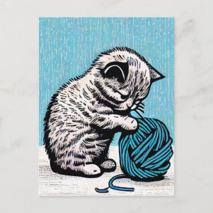 Linocut Kitten Playing with a Ball of Yarn Postcard