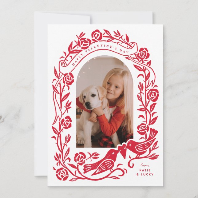 Linocut lovebirds and roses arched photo design (Front)