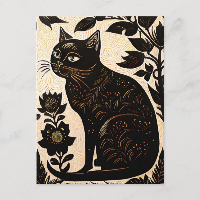 Linocut of a Black Cat Among Flowers Postcard (Front)