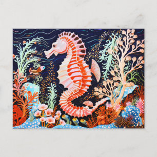 Linocut of Seahorse in Coral Reef Postcard