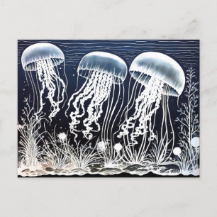 Linocut of White Jellyfish Swimming at Coral riff Postcard
