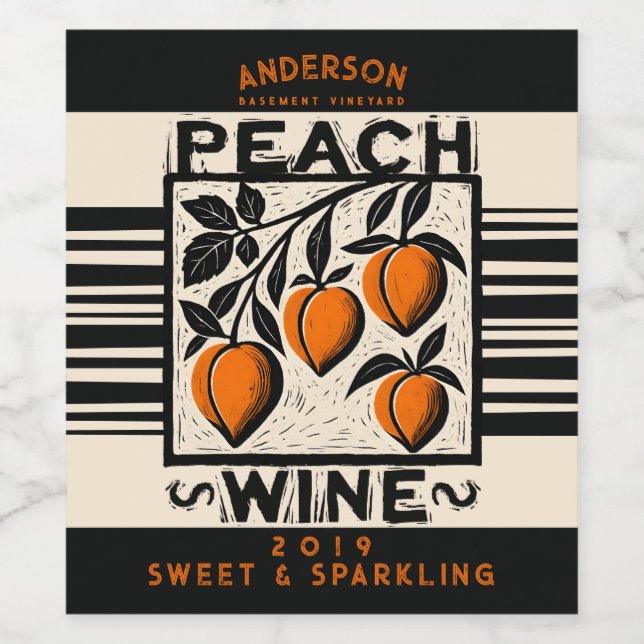 Linocut peach homemade wine shrub cordial label (Single Label)