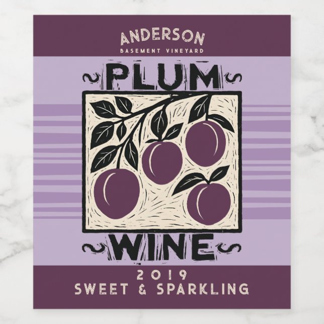Linocut plum homemade wine shrub cordial label (Single Label)