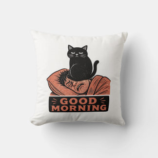 Linocut Sarcastic Black Cat Good Morning Meme Cushion