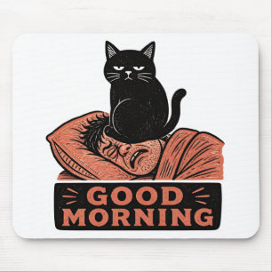 Linocut Sarcastic Black Cat Good Morning Meme Mouse Mat