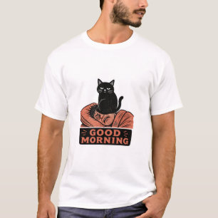 Linocut Sarcastic Black Cat Good Morning Meme T-Shirt