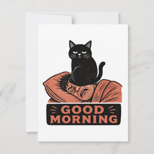 Linocut Sarcastic Black Cat Good Morning Meme Thank You Card