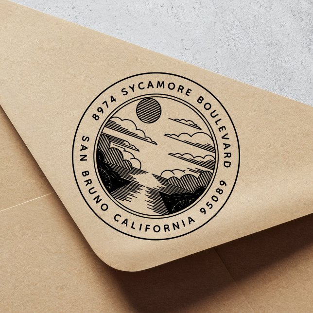 Linocut Style Landscape Return Address Stamp (Creator Uploaded)