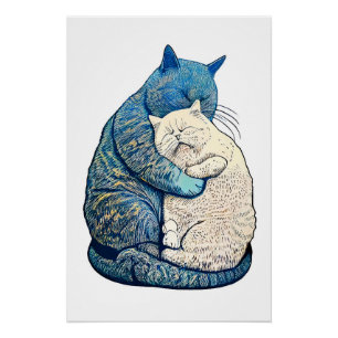 Linocut White and Black Cat Sleeping Together Poster