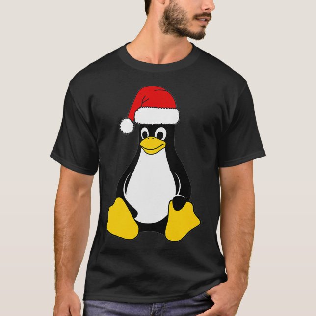 Linu Mascot Tu the Penguin Santa Hat Nerd Geek T-Shirt (Front)