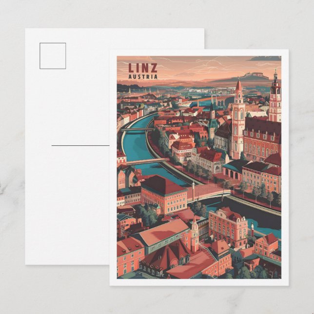 Linz Austria Art Vintage Travel Illustration Postcard (Front/Back)