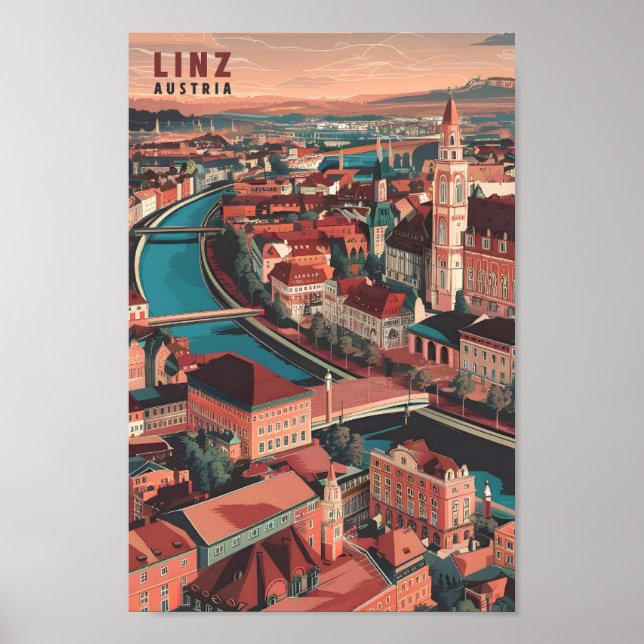 Linz Austria Art Vintage Travel Illustration Poster (Front)