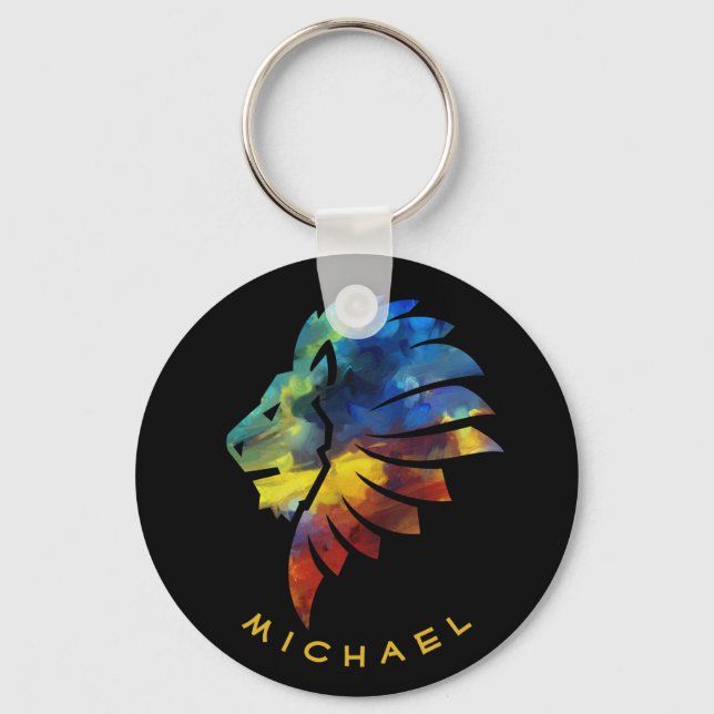 Lion abstract colourful art king crown for men key ring (Front)