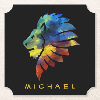 Lion abstract colourful art king crown for men paper coaster