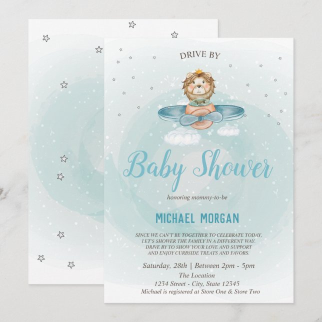 Lion Aeroplane Drive By Baby Shower Invitation (Front/Back)