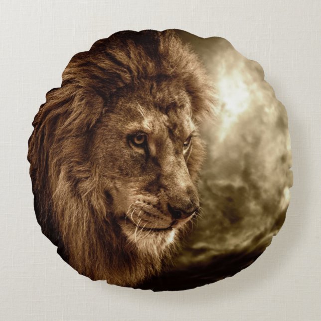 Lion against stormy sky round cushion (Front)